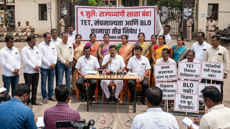 Teacher Protest | TET, संचमान्यता व BLO कामाच्या निषेधार्थ ९ जुलैला राज्यव्यापी शाळा बंद; जिल्हाधिकारी कार्यालयावर धरणे आंदोलन विविध मागण्यांसाठी शिक्षक संघटनांची एकजूट अहमदनगर | ७.७ | सलीमखान पठाण (Teacher Protest) शिक्षक अभियोग्यता परीक्षा (TET) मुळे निर्माण झालेली सेवा विषयक अस्थिरता, पदोन्नतीची हिरावलेली संधी, संचमान्यता धोरणातील त्रुटी, तसेच BLO नियुक्ती व इतर अशैक्षणिक कामांच्या वाढत्या ओझ्याविरोधात अहिल्यानगर जिल्ह्यातील शिक्षक येत्या ९ जुलै २०२६ रोजी सकाळी ११ वाजता जिल्हाधिकारी कार्यालयासमोर सामूहिक रजा घेऊन धरणे आंदोलन करणार आहेत. (Teacher Protest) महाराष्ट्र राज्य मध्यवर्ती शिक्षक संघटनेच्या आदेशानुसार होणाऱ्या या आंदोलनात जिल्ह्यातील प्राथमिक, माध्यमिक, उच्च माध्यमिक तसेच खासगी शिक्षक संघटनांचा सहभाग राहणार असून, राज्यभर 'शाळा बंद आंदोलन' करण्यात येणार असल्याची माहिती समन्वय समितीने दिली. (Teacher Protest) शिक्षक संघटनांच्या म्हणण्यानुसार, गेल्या काही महिन्यांपासून शासनाकडून सातत्याने विविध ऑनलाइन कामे, लिंकद्वारे माहिती भरणे, रात्री-अपरात्री मोबाईलवर येणारे आदेश व संदेश, तसेच वाढत्या अशैक्षणिक जबाबदाऱ्यांमुळे शिक्षकांवर प्रचंड मानसिक ताण निर्माण झाला आहे. नवीन शैक्षणिक वर्ष सुरू होऊनही शिक्षकांना विद्यार्थ्यांपर्यंत प्रभावीपणे पोहोचता आलेले नाही. शालाबाह्य विद्यार्थ्यांना शिक्षणाच्या मुख्य प्रवाहात आणण्यासारखी महत्त्वाची कामेही मागे पडली असून, शिक्षक पूर्णपणे अशैक्षणिक कामांच्या ओझ्याखाली दबले असल्याचा आरोप करण्यात आला आहे. या सर्व प्रश्नांबाबत महाराष्ट्र राज्य मध्यवर्ती शिक्षक संघटनेने ३० जून २०२६ रोजी शासनाला अधिकृत नोटीस दिली असल्याचेही सांगण्यात आले. प्रमुख मागण्या : समन्वय समितीने शासनाकडे प्रमुख मागण्या केल्या आहेत त्या अशा. सन २०१३ पूर्वी सेवेत रुजू झालेल्या सेवाज्येष्ठ शिक्षकांसाठी TET नियमात तातडीने शिथिलता द्यावी. तामिळनाडू, उत्तर प्रदेश, कर्नाटक, केरळ आणि तेलंगणा राज्यांच्या धर्तीवर कार्यरत सेवाज्येष्ठ शिक्षकांसाठी TET उत्तीर्णतेची अट ६० पैकी १५० गुण (४० टक्के) इतकी शिथिल करावी किंवा ते शिकवत असलेल्या इयत्तांच्या अभ्यासक्रमावर आधारित 'TET समकक्ष पात्रता परीक्षा' आयोजित करावी. सर्वोच्च न्यायालयाने पदोन्नतीसाठी पात्रता धारण करण्यासाठी ३१ ऑगस्ट २०२८ पर्यंत मुदत दिली असल्याने, इतर सर्व शैक्षणिक अर्हता पूर्ण केलेल्या सेवाज्येष्ठ शिक्षकांना नैसर्गिक न्यायाच्या तत्त्वानुसार तातडीने पदोन्नतीची संधी द्यावी. १५ मार्च २०२४ चे संचमान्यता धोरण तात्काळ रद्द करून सन १९८० च्या मूळ धोरणानुसार आणि शिक्षण हक्क कायद्यातील (RTE) तरतुदींशी सुसंगत धोरण लागू करावे. माध्यमिक शाळांना दिलेल्या नियमशिथिलतेप्रमाणे प्राथमिक शाळांनाही न्याय द्यावा. गुणवत्तापूर्ण शिक्षणासाठी व स्थानिक स्वराज्य संस्थांच्या शाळा वाचवण्यासाठी जाचक संचमान्यता धोरण मागे घ्यावे. निवडणूक आयोगाच्या निर्देशानुसार गावात अन्य शासकीय कर्मचारी उपलब्ध नसतील तेव्हाच शिक्षकांची BLO म्हणून नियुक्ती करावी. प्राथमिक शिक्षकांना सर्व प्रकारच्या अशैक्षणिक कामांतून पूर्णपणे मुक्त करावे. शासनाने तातडीने निर्णय घ्यावा : शिक्षक संघटनांच्या मते, प्रलंबित न्यायोचित मागण्यांकडे शासन सातत्याने दुर्लक्ष करत असून त्यामुळे राज्यातील शिक्षकांमध्ये तीव्र नाराजी आहे. शासनाने तातडीने सकारात्मक निर्णय न घेतल्यास ९ जुलै २०२६ रोजी संपूर्ण महाराष्ट्रात राज्यव्यापी शाळा बंद आंदोलन करण्यात येणार असल्याचा इशारा देण्यात आलाय. अहिल्यानगर जिल्ह्यात या आंदोलनामुळे निर्माण होणाऱ्या शैक्षणिक विस्कळीतपणाची संपूर्ण जबाबदारी शासन, प्रशासनाची राहील, असा इशारा अहिल्यानगर जिल्हा शिक्षक संघटना समन्वय समितीचे अध्यक्ष प्रा. सुनिल पंडित यांनी दिलाय. या धरणे आंदोलनात सर्व शिक्षकांनी मोठ्या संख्येने सहभागी व्हावे, असे आवाहन शिक्षक नेते आप्पासाहेब शिंदे, बापूसाहेब तांबे, कल्याण लवांडे, बबनदादा गाडेकर, संजय धामणे, बाबासाहेब बोडखे, महेंद्र हिंगे, वैभव सांगळे, विठ्ठल उरमुडे, प्रसाद सामलेटी, एकनाथ व्यवहारे, प्रसाद शिंदे, शेखर उंडे, नारायण पिसे, दत्तात्रय जाधव, संजय निक्रड, ऋषिकेश गोरे, सचिन नाबगे आदींनी केले. SEO पॅकेज (रयत समाचार) Focus Keyword: Teacher Protest SEO Title: Teacher Protest TET, संचमान्यता आणि BLO कामाच्या निषेधार्थ ९ जुलैला राज्यव्यापी शाळा बंद; अहिल्यानगरात धरणे आंदोलन Meta Description: Teacher Protest TET नियमात शिथिलता, पदोन्नती, संचमान्यता धोरण रद्द आणि BLO कामातून मुक्ततेसाठी ९ जुलै रोजी राज्यव्यापी शाळा बंद आंदोलन. अहिल्यानगरात जिल्हाधिकारी कार्यालयासमोर शिक्षकांचे धरणे. URL Slug: teacher-protest-ahilyanagar-july-9-tet-blo Tags: Teacher Protest, TET, Maharashtra Teachers, School Strike, Ahilyanagar News, BLO, संचमान्यता, शिक्षक आंदोलन, Rayat Samachar Photo Alt Text: Teacher Protest अहिल्यानगर जिल्हाधिकारी कार्यालयासमोर ९ जुलैच्या शिक्षक आंदोलनाचे प्रतीकात्मक छायाचित्र Photo Caption: TET, संचमान्यता व BLO कामाच्या निषेधार्थ ९ जुलै रोजी राज्यव्यापी शिक्षक आंदोलनाची घोषणा