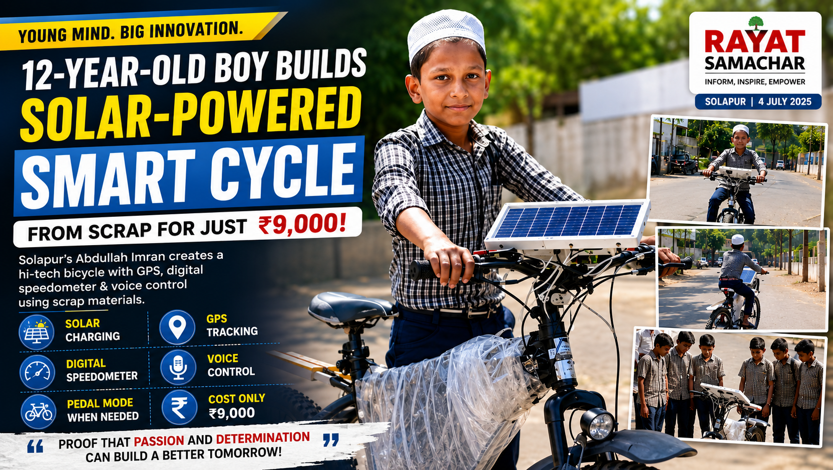 Solar Smart Cycle Solapur student Abdullah Imran with his solar-powered smart bicycle made from scrap.